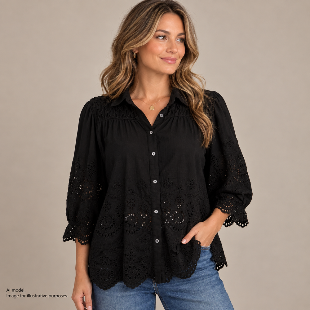 Sundance Shirt Womens Small Black Eyelet Scallop Hem Boxy Prairie Boho TAGS!